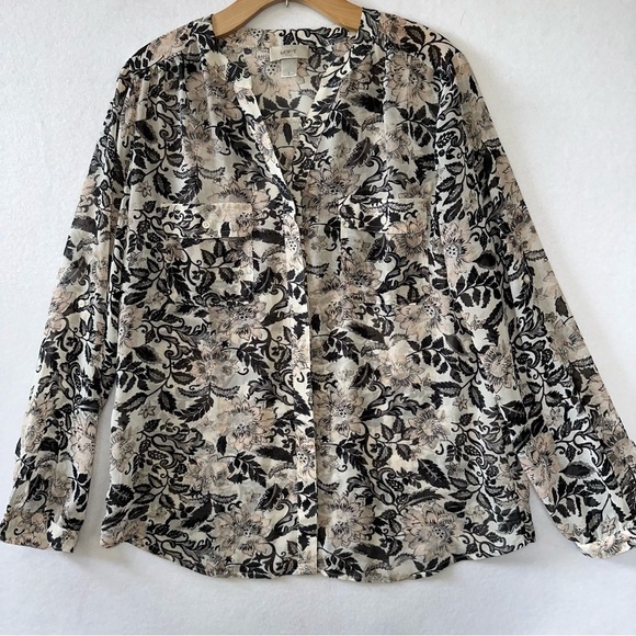 2 for $26 Loft Pink Black V Neck Floral Pullover Roll Tab Sleeve Sheer Large - Picture 1 of 6